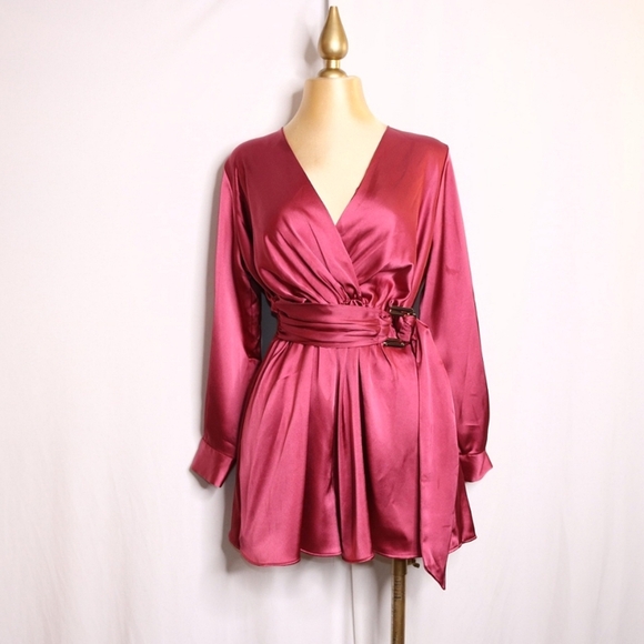 NWT ZARA Satin Tie Waist Romper with Gold buckle in Marsala (Mauve), Size Small - Picture 1 of 11